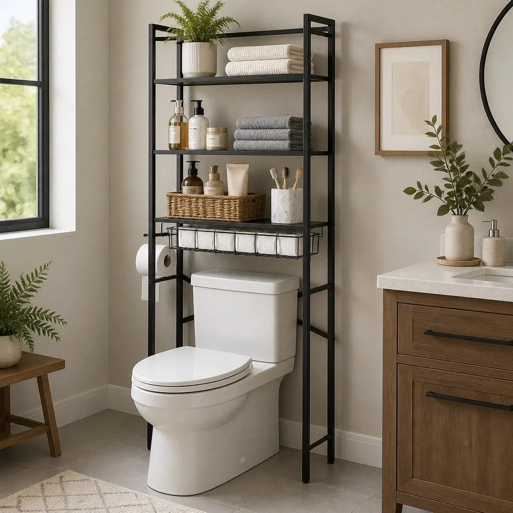 Over Toilet Bathroom Storage Rack 4 Tier Organiser Space Saving Shelves Black
