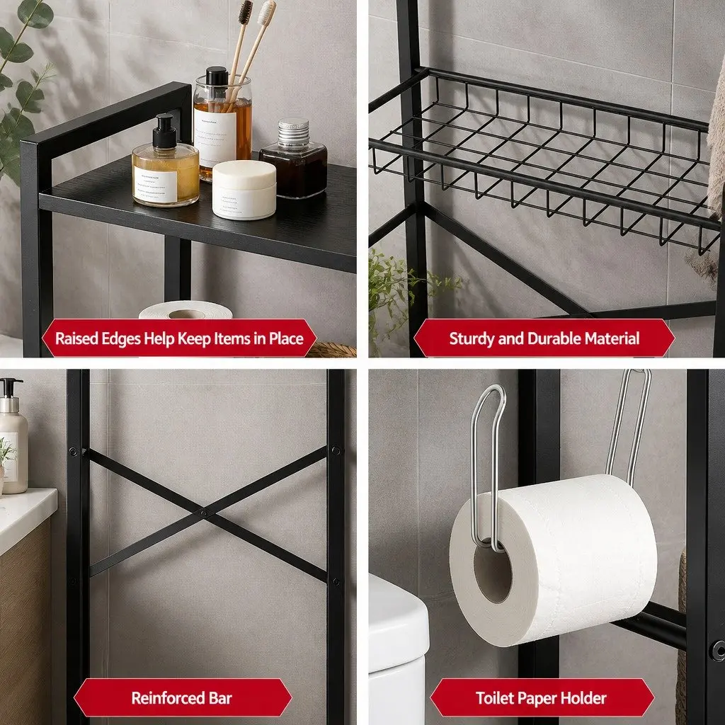 Over Toilet Storage Rack 4 Tier Organiser Space Saving Black