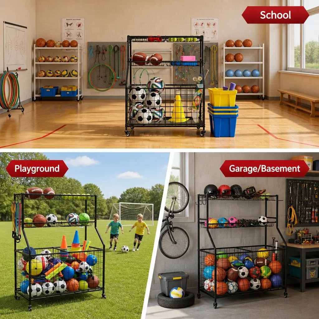 Sports Equipment Organizer Storage Cabinet with Wheels Garage Gym Multi-Sport