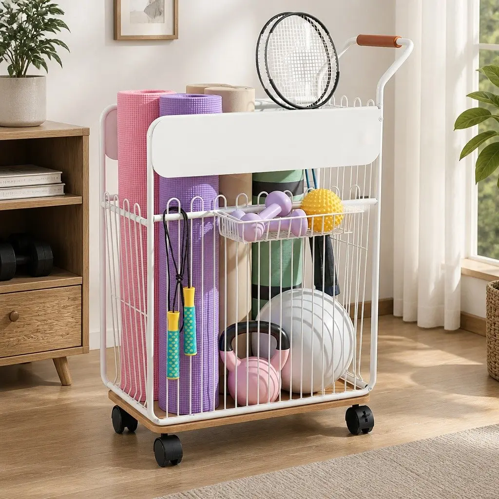 Yoga Mat Storage Rack Mobile Organizer with Wheels Black Iron Frame