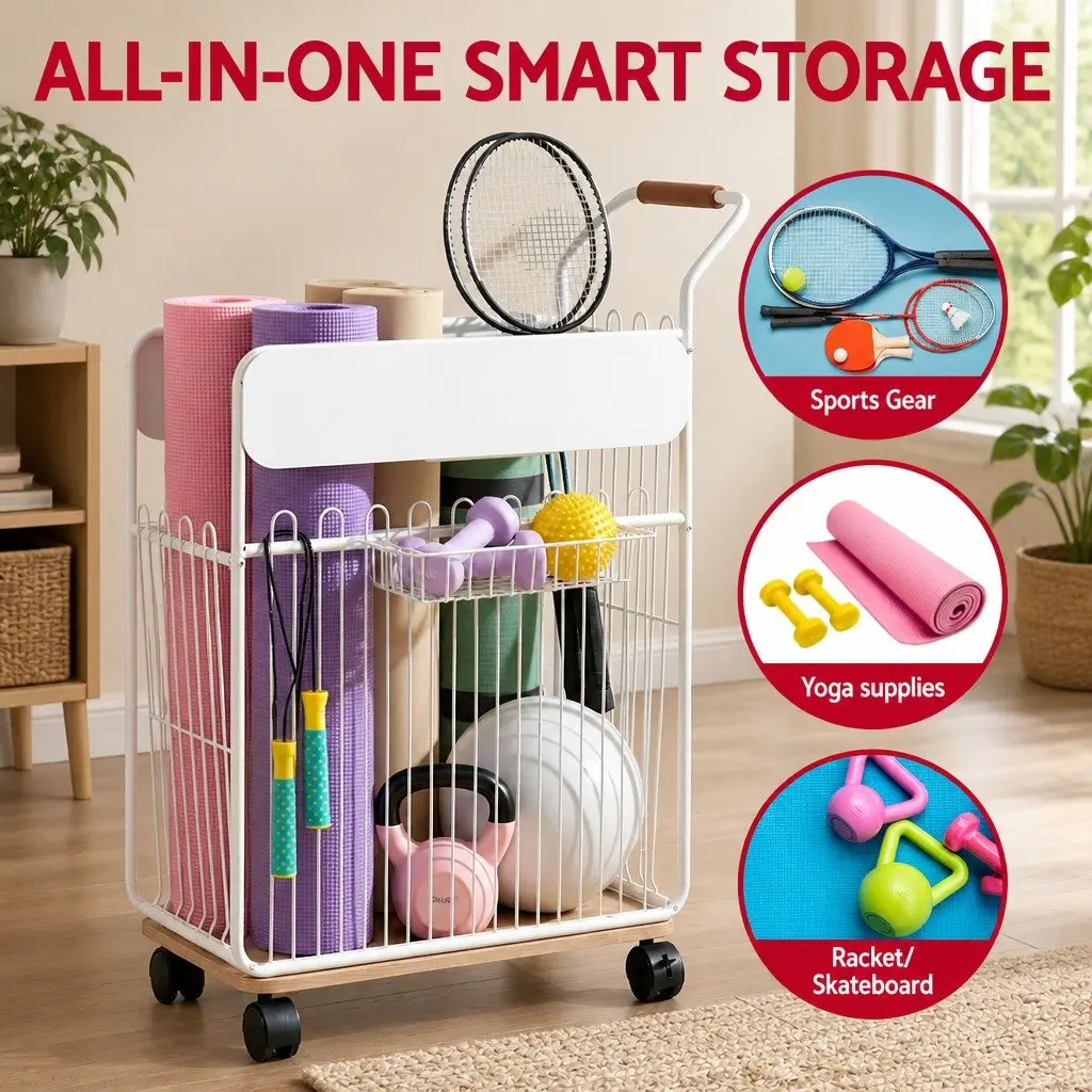 Yoga Mat Storage Rack Mobile Organizer with Wheels Black Iron Frame