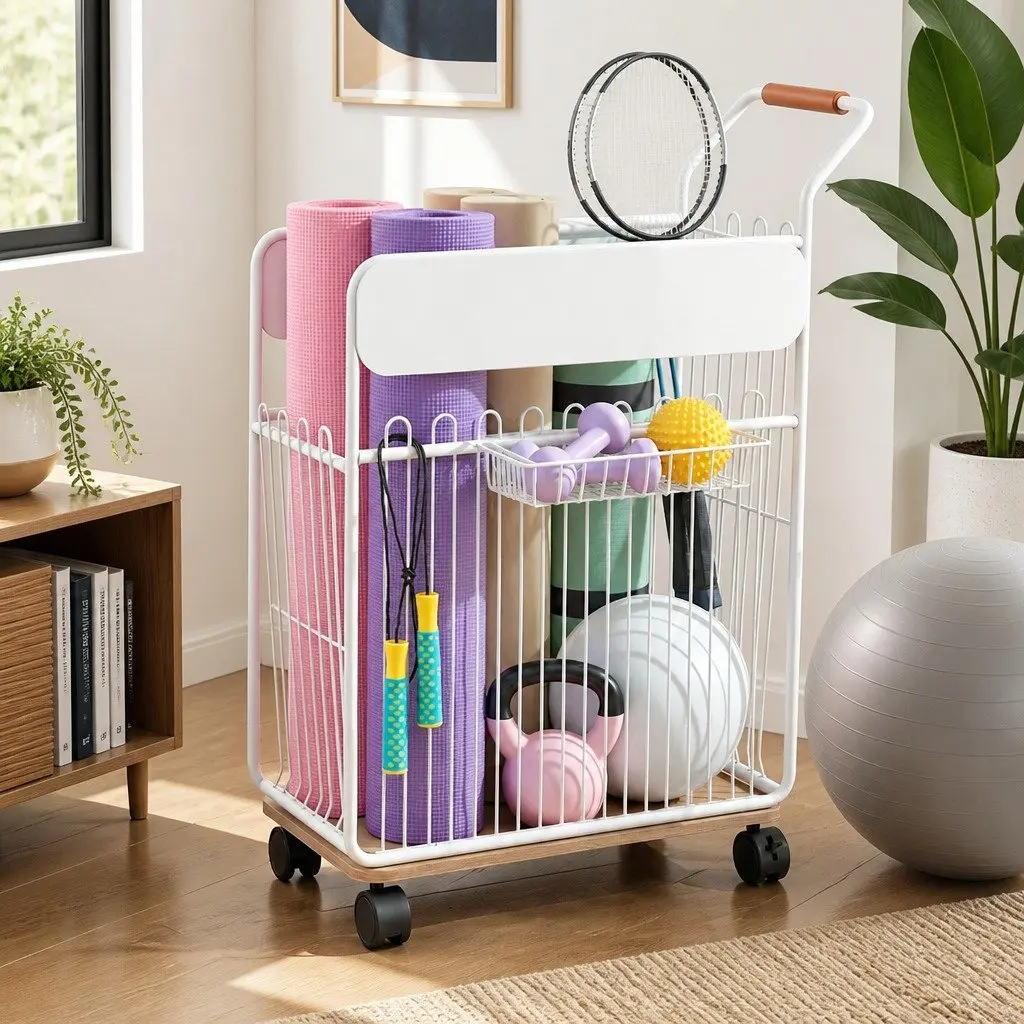 Yoga Mat Storage Rack Mobile Organizer with Wheels Black Iron Frame