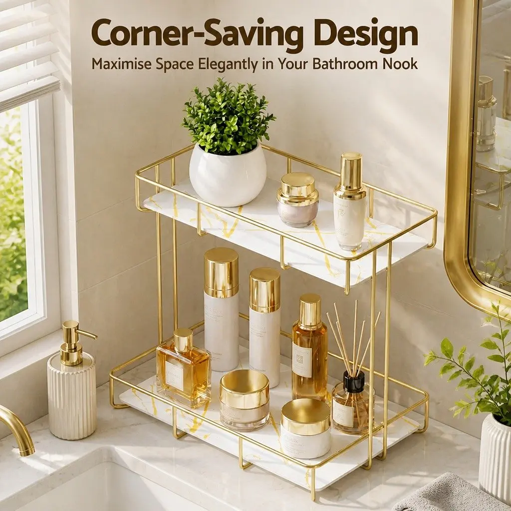 2 Tier Bathroom Corner Storage Rack Organiser Gold Marble Design Towel Holder