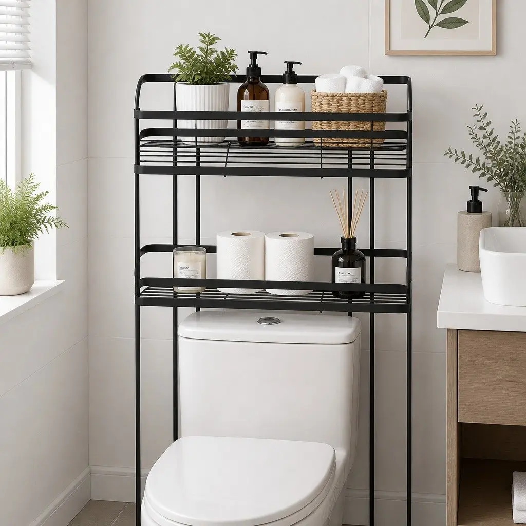 Over Toilet Storage Rack 2 Tier Space Saver Shelf Black