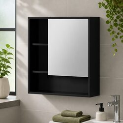 Black Wall Mounted Bathroom Mirror Cabinet 56cm Adjustable Shelves Storage