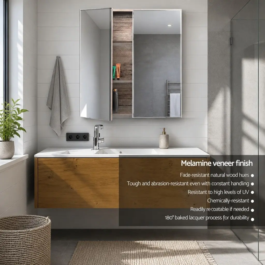 Bathroom Mirror Cabinet Storage Cupboard 600x720mm Natural with Adjustable Shelves and Soft Closing Doors