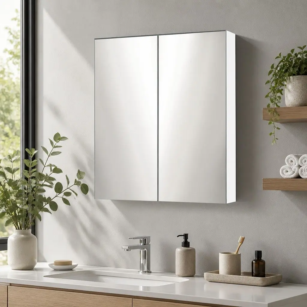 Bathroom Mirror Cabinet Twin Doors Adjustable Shelves 600x720mm White