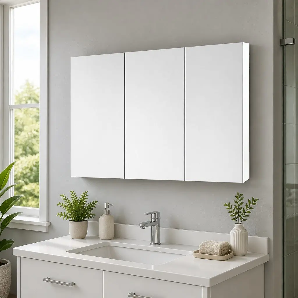 White Bathroom Vanity Mirror Cabinet with Storage, 3 Door Wall Mounted Unit