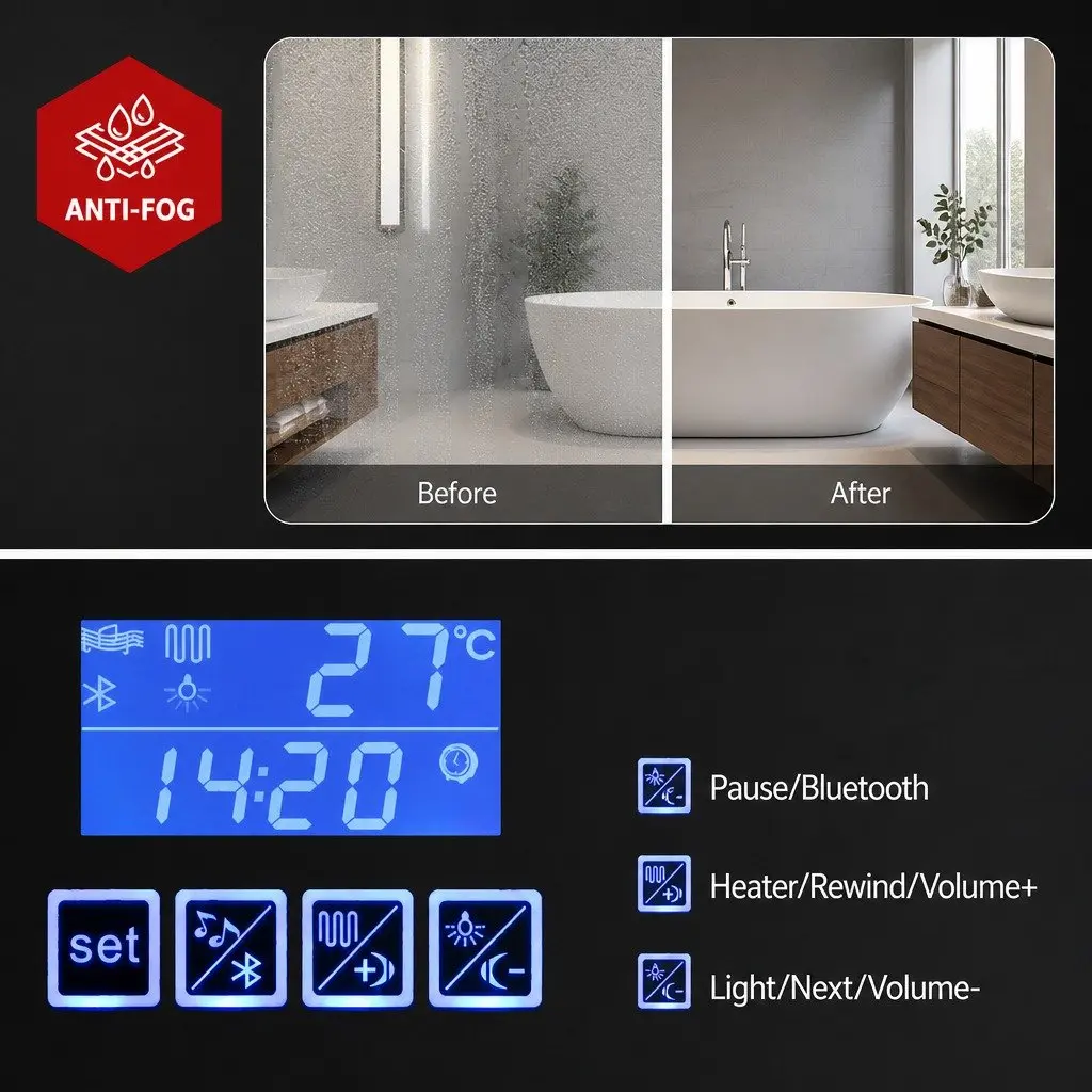 Bathroom Mirror Cabinet LED Light 900x720mm White Wall-Mounted Storage with Anti-Fog Mirror Bluetooth Audio Adjustable Brightness