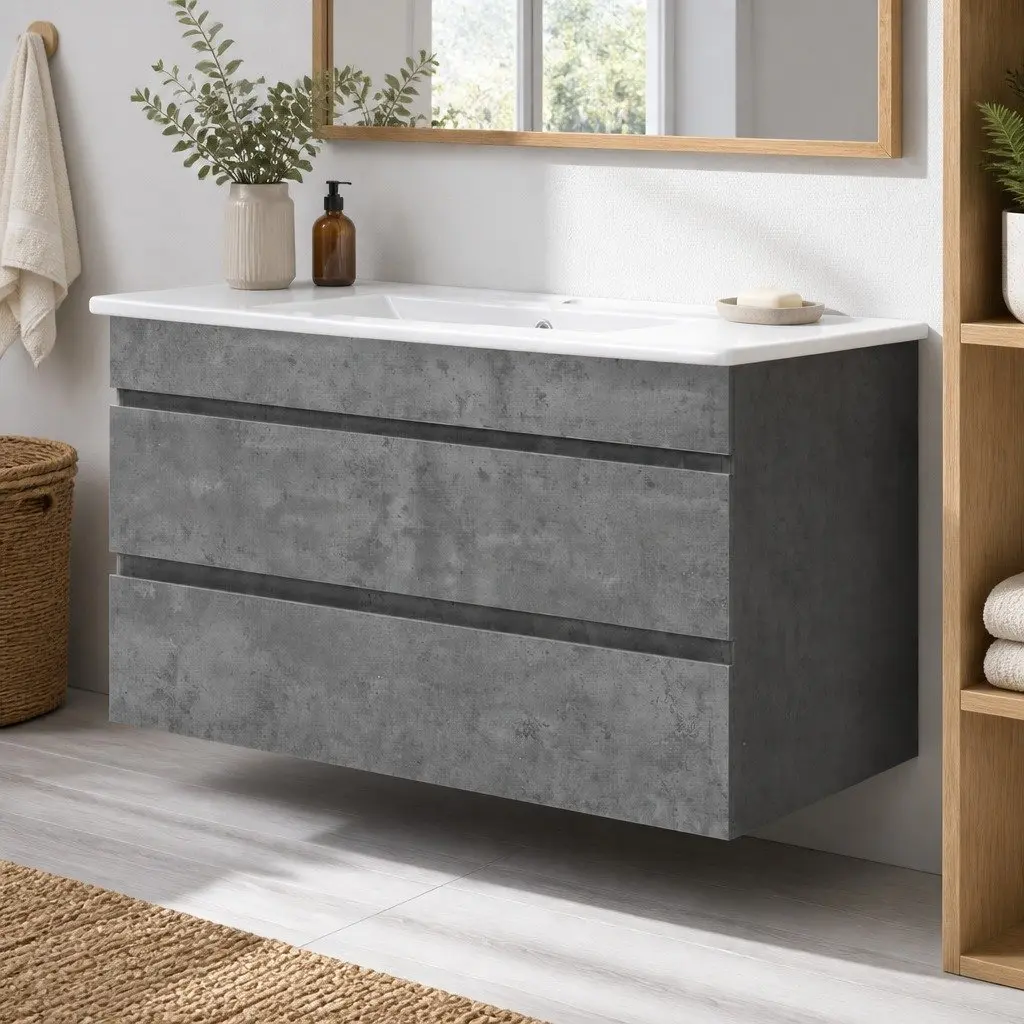 Bathroom Vanity Unit 915mm Wall-Mounted Cabinet Grey Cement with Basin