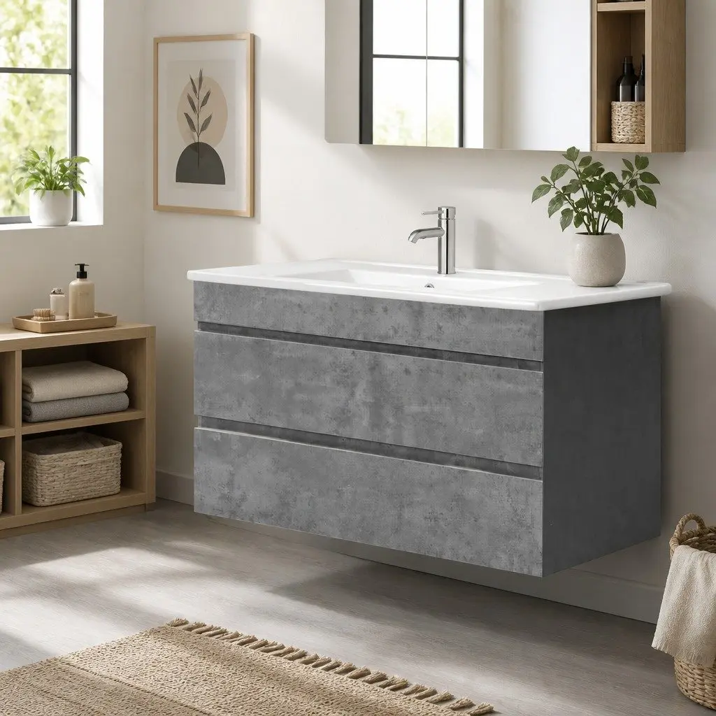 Bathroom Vanity Unit Wall-Mounted Cabinet 915mm Grey Cement with Integrated Ceramic Basin