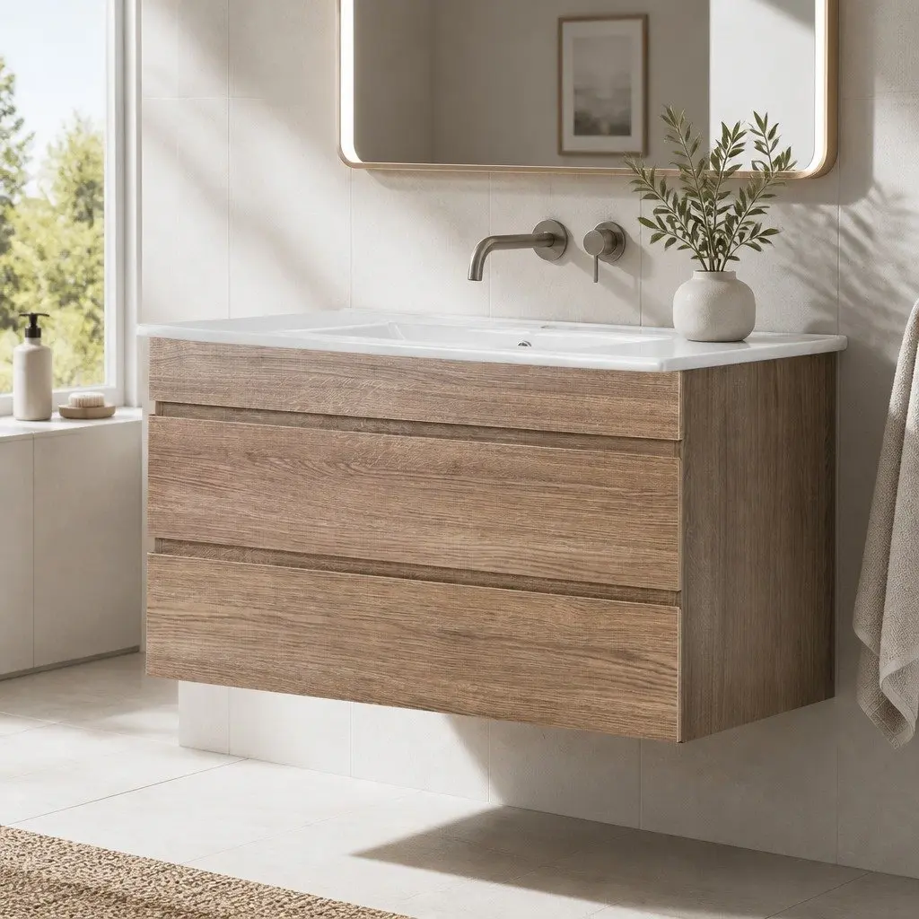 Bathroom Vanity Unit 915mm Wall-Hung Cabinet Oak White Basin Storage