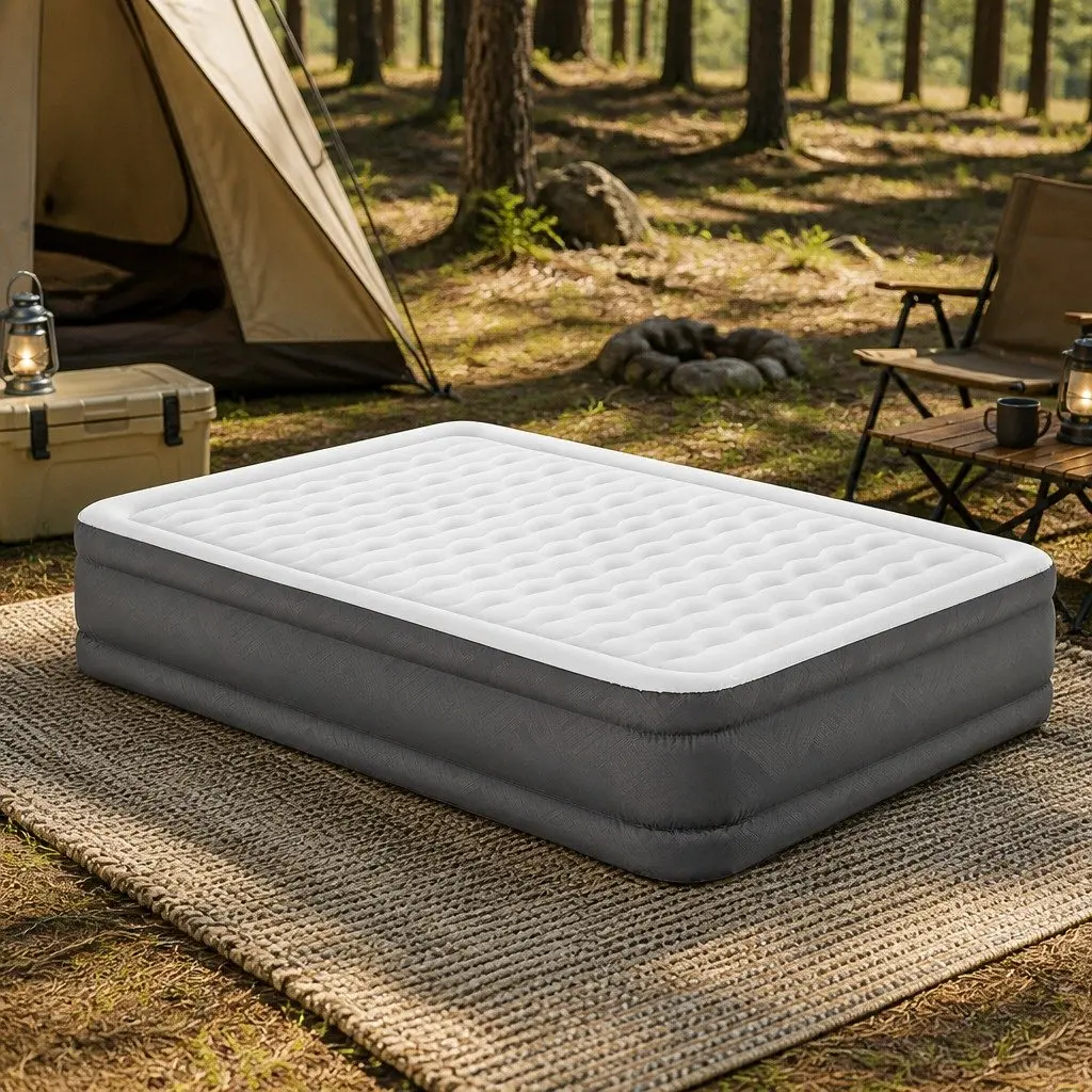 Queen Inflatable Air Mattress Portable Camping Indoor Outdoor 203cm Light Grey Flocked Surface