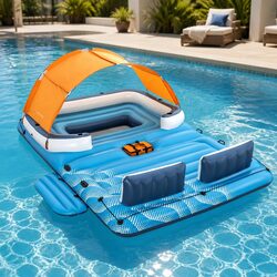 Pool Float Island Inflatable Lounge 6-Person Raft Seat Canopy Water Toy