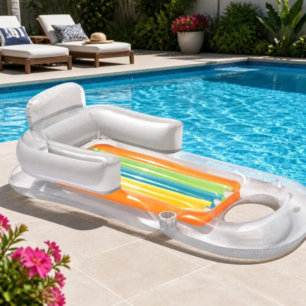 Inflatable Pool Lounge Float Bed with Cup Holder Heavy-Duty Handles 63.5 x 33 Colorful