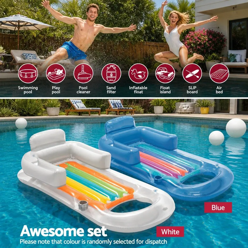 Inflatable Pool Lounge Float Bed with Cup Holder Heavy-Duty Handles 63.5 x 33 Colorful