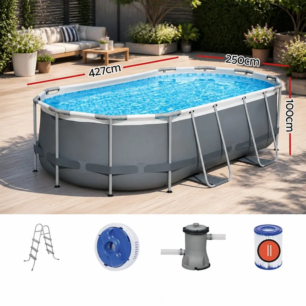 Above Ground Swimming Pool 427x250x100cm Steel Frame Filter Pump Ladder 7250L