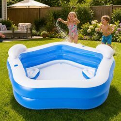 Kids Inflatable Above Ground Pool with Cup Holders Seat Cushions Headrests