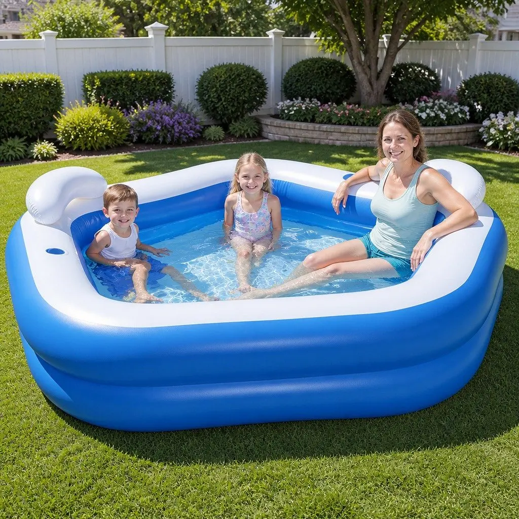 Kids Inflatable Above Ground Pool with Cup Holders Seat Cushions Headrests