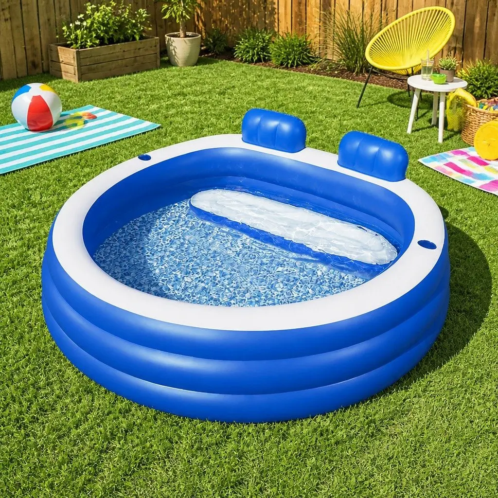 Kids Inflatable Above Ground Pool Backyard Swimming Bench Seat Cup Holders