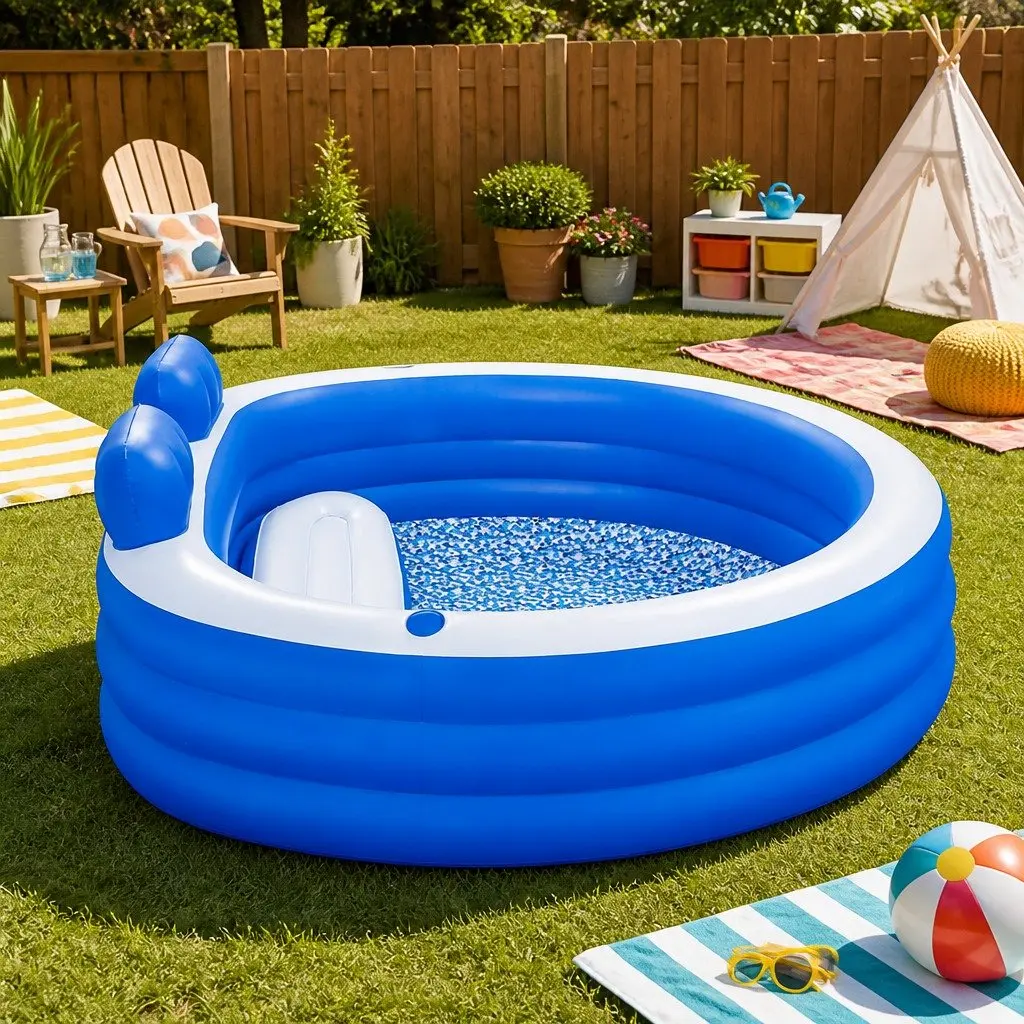 Kids Inflatable Above Ground Pool Backyard Swimming Bench Seat Cup Holders