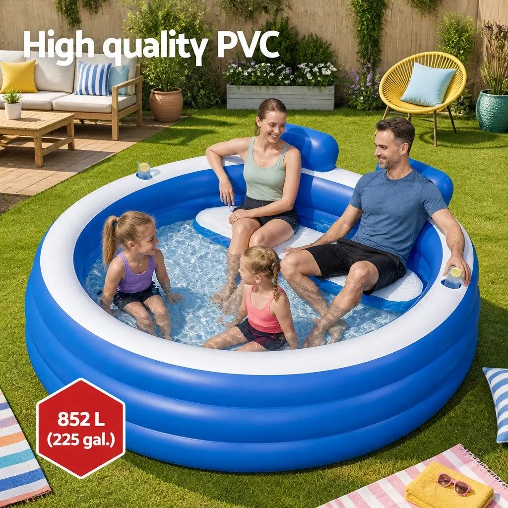 Kids Inflatable Above Ground Pool Backyard Swimming Bench Seat Cup Holders