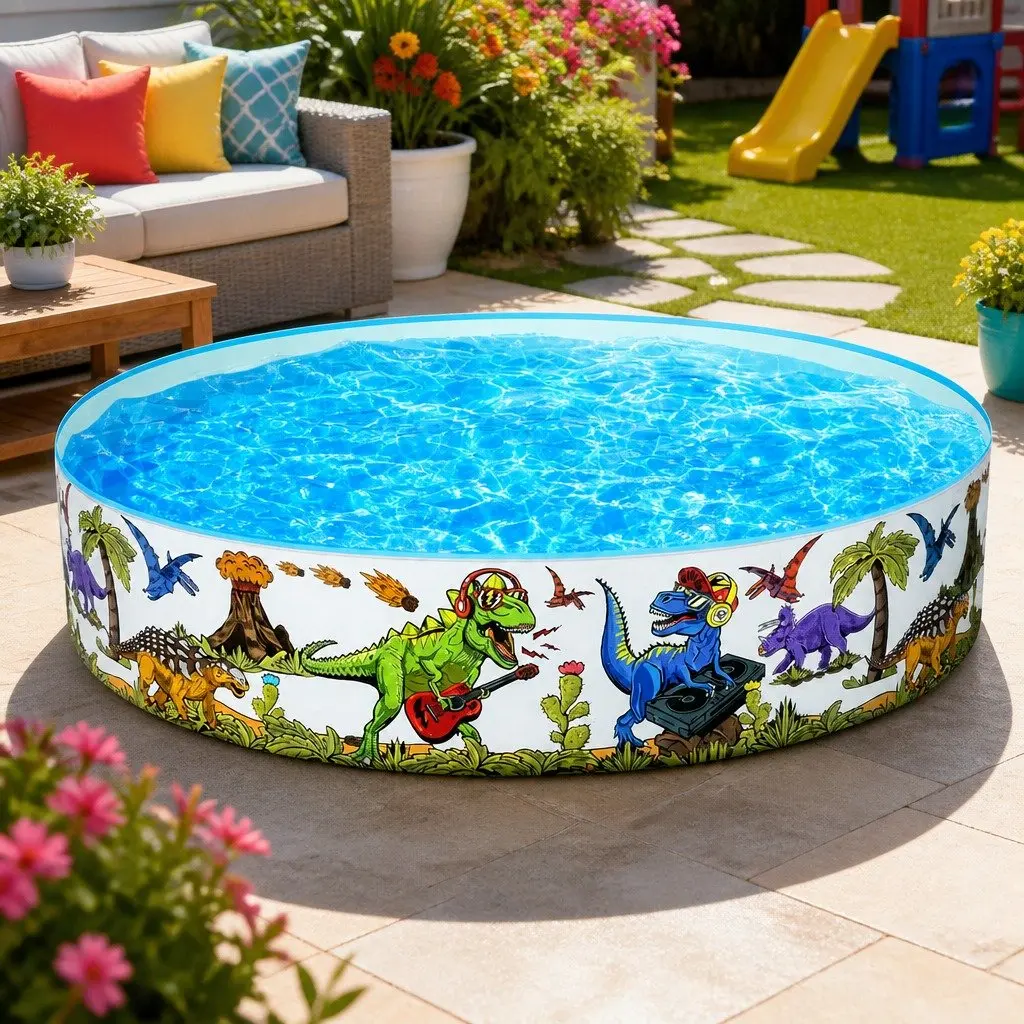 Kids Round Above Ground Swimming Pool 183cm Rigid PVC Dinosaur Design Backyard