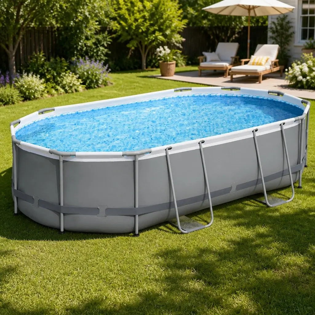 Steel Frame Swimming Pool 488x305x107cm Grey w/ Filter Pump Ladder Cover Set