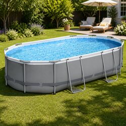 Steel Frame Swimming Pool 488x305x107cm Grey w/ Filter Pump Ladder Cover Set