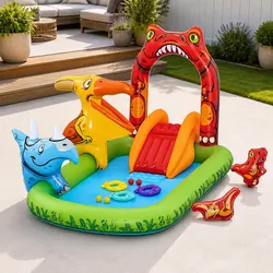 Kids Inflatable Dinosaur Play Pool with Slide Ring Toss Ball Game 242x140cm