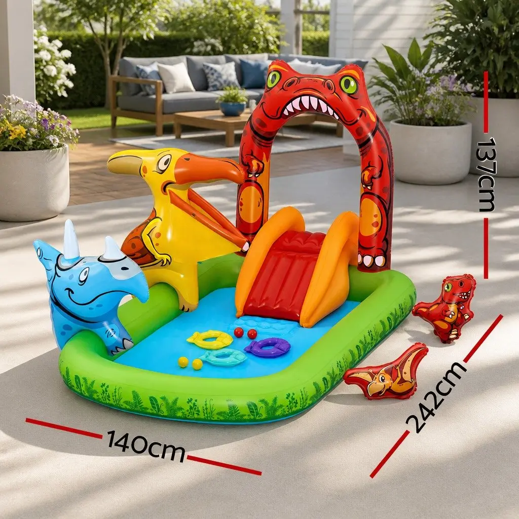 Kids Inflatable Dinosaur Play Pool with Slide Ring Toss Ball Game 242x140cm