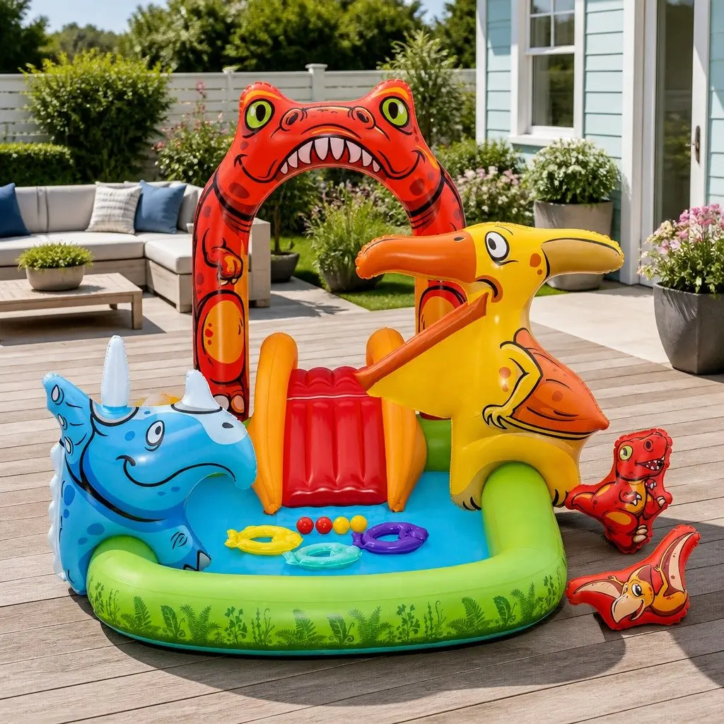 Kids Inflatable Dinosaur Play Pool with Slide Ring Toss Ball Game 242x140cm