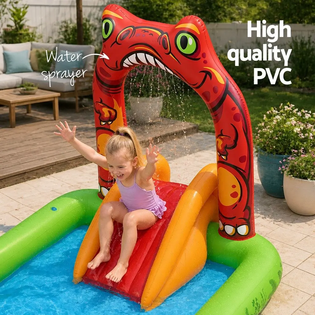Kids Inflatable Dinosaur Play Pool with Slide Ring Toss Ball Game 242x140cm