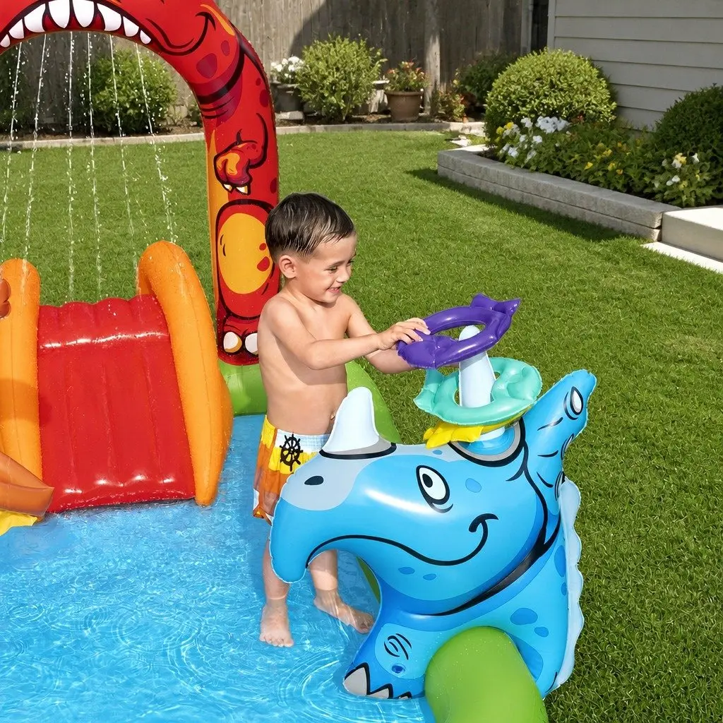 Kids Inflatable Dinosaur Play Pool with Slide Ring Toss Ball Game 242x140cm