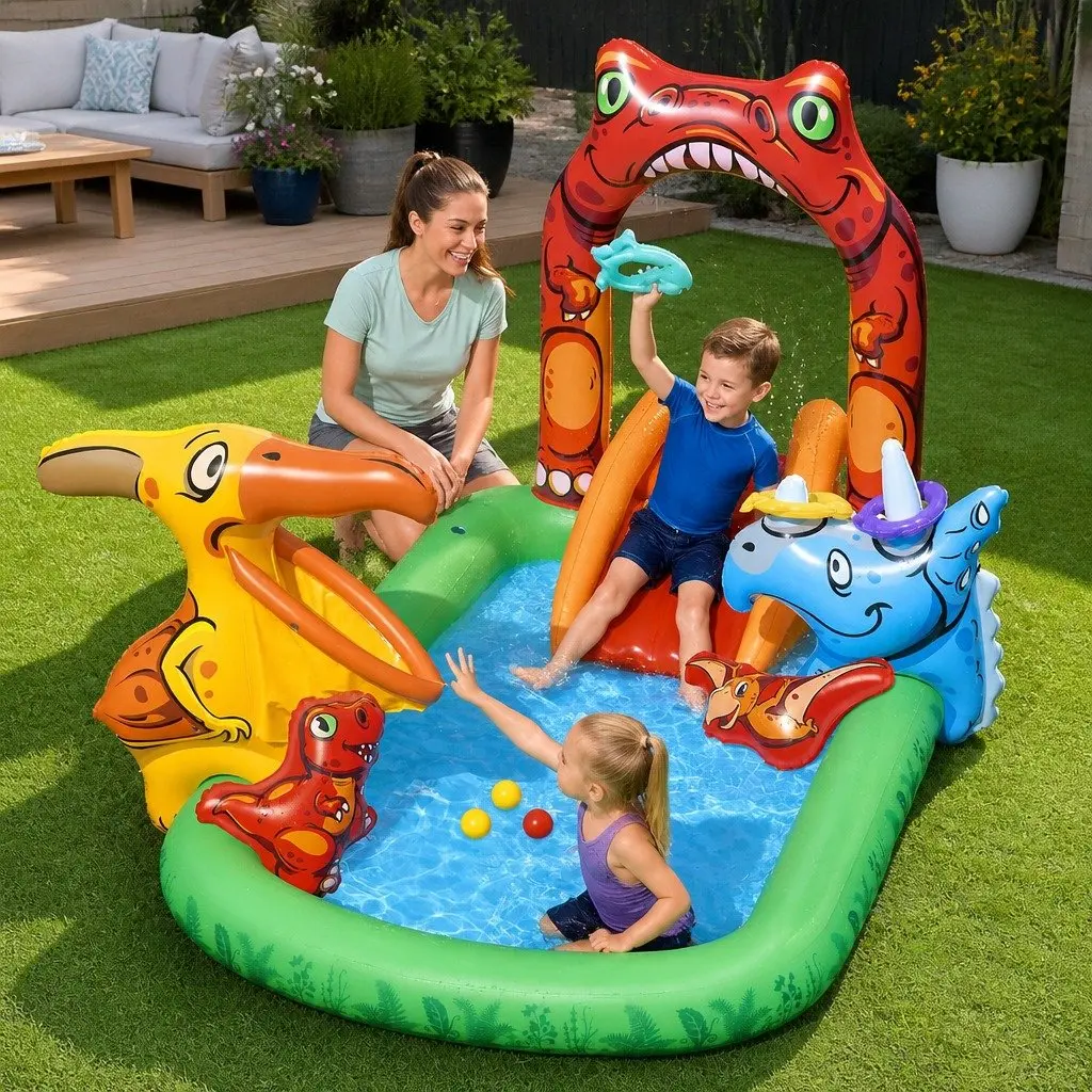 Kids Inflatable Dinosaur Play Pool with Slide Ring Toss Ball Game 242x140cm