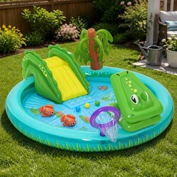 Kids Inflatable Splash Play Pool with Slide Crocodile Fishing Net Ball Toss Game