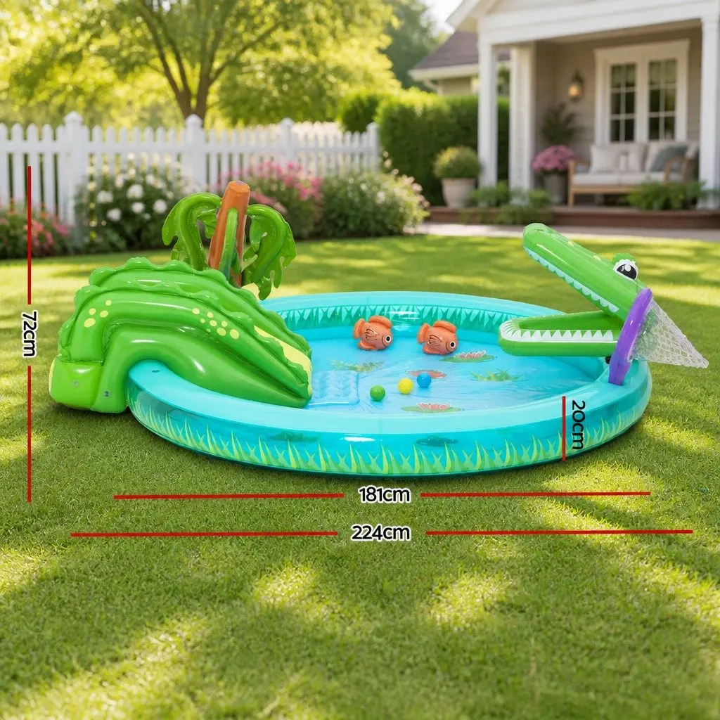 Kids Inflatable Splash Play Pool with Slide Crocodile Fishing Net Ball Toss Game