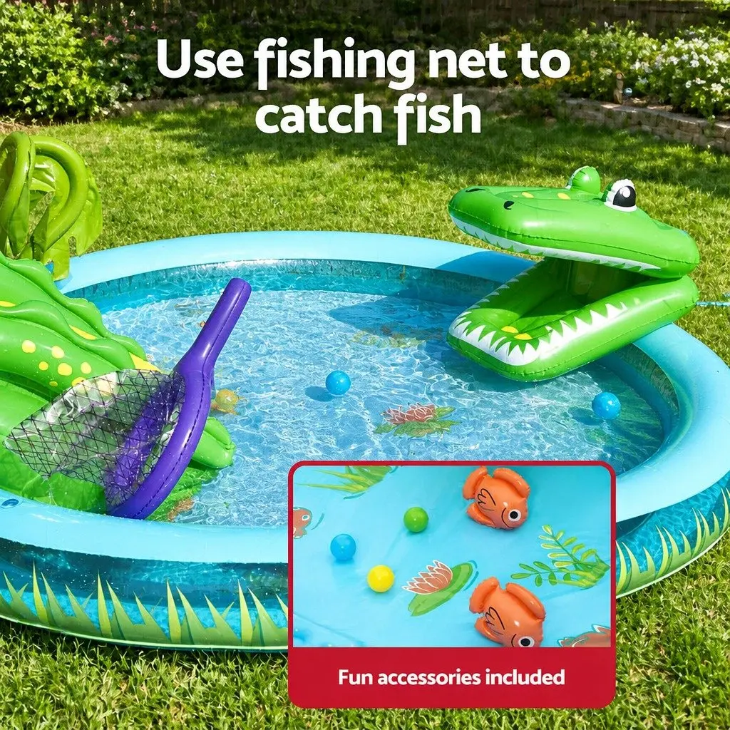 Kids Inflatable Splash Play Pool with Slide Crocodile Fishing Net Ball Toss Game
