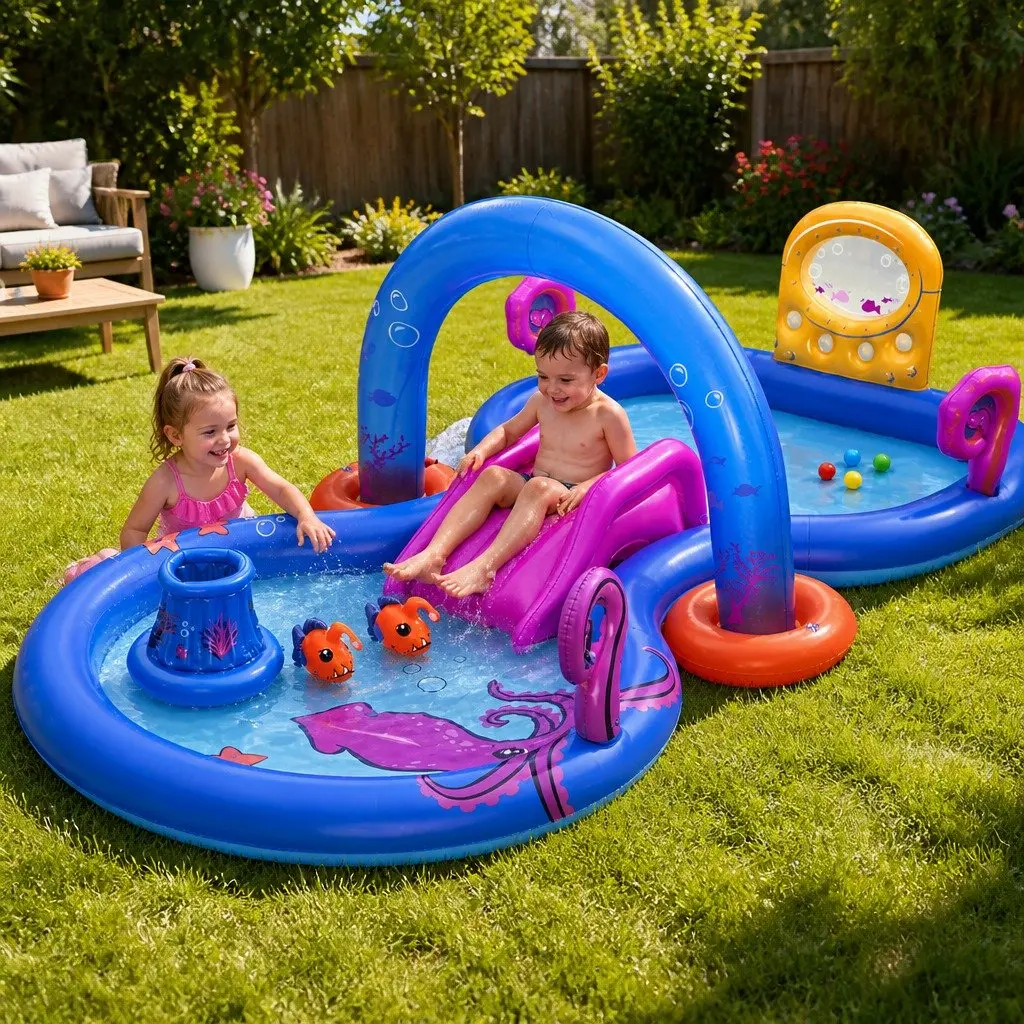 Kids Inflatable Play Splash Pool with Slide Ball Tossing Toys Coral Basket
