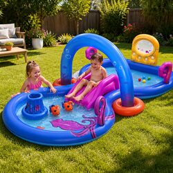 Kids Inflatable Play Splash Pool with Slide Ball Tossing Toys Coral Basket