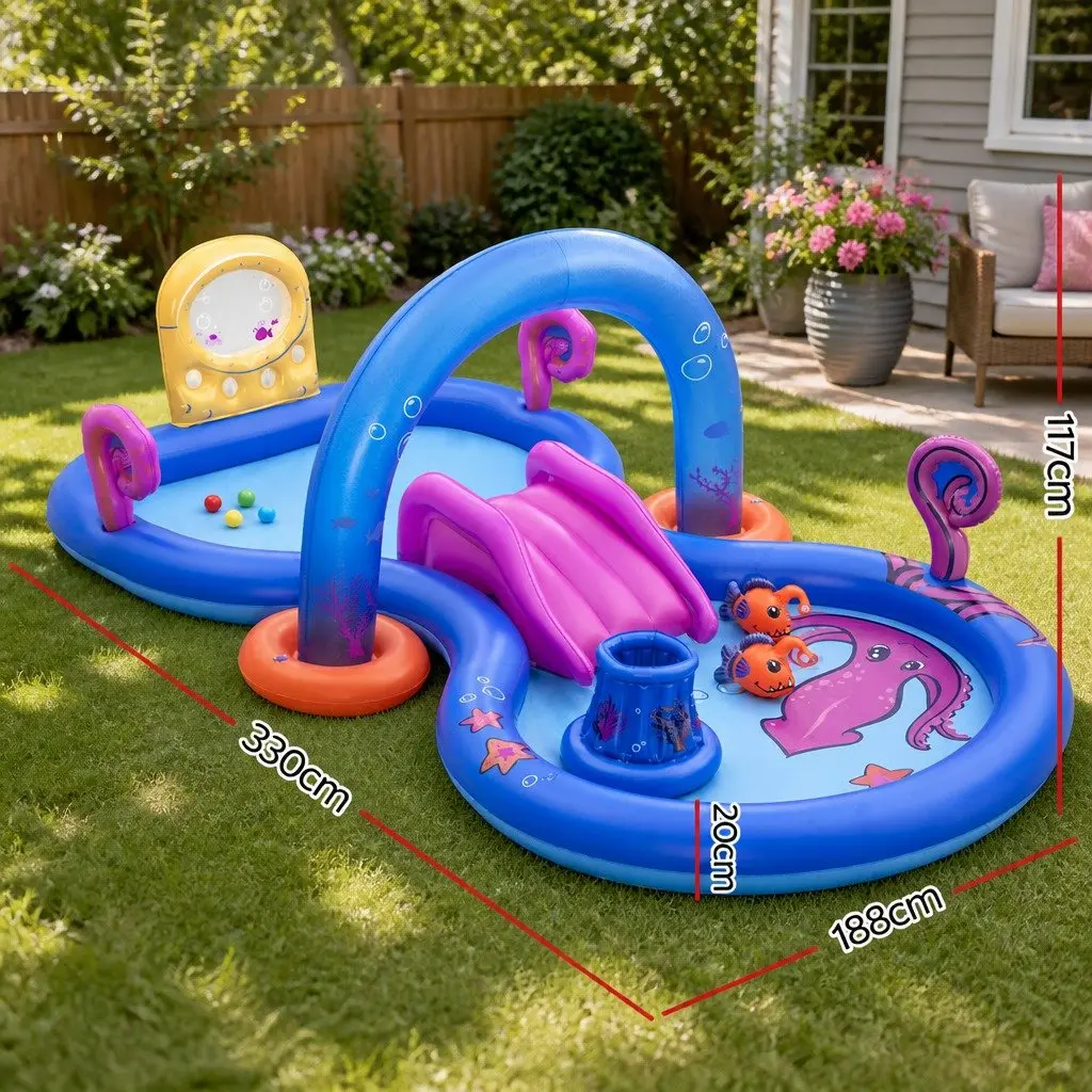 Kids Inflatable Play Splash Pool with Slide Ball Tossing Toys Coral Basket