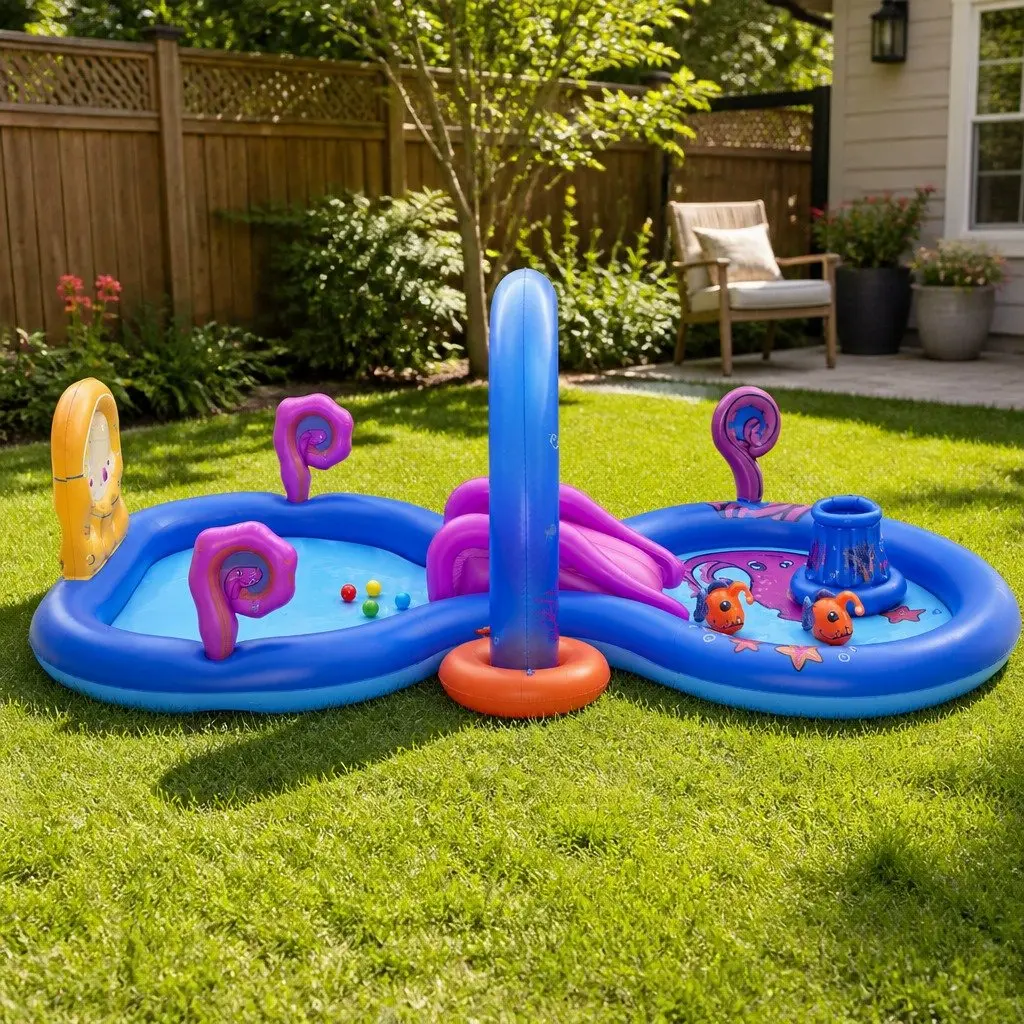 Kids Inflatable Play Splash Pool with Slide Ball Tossing Toys Coral Basket