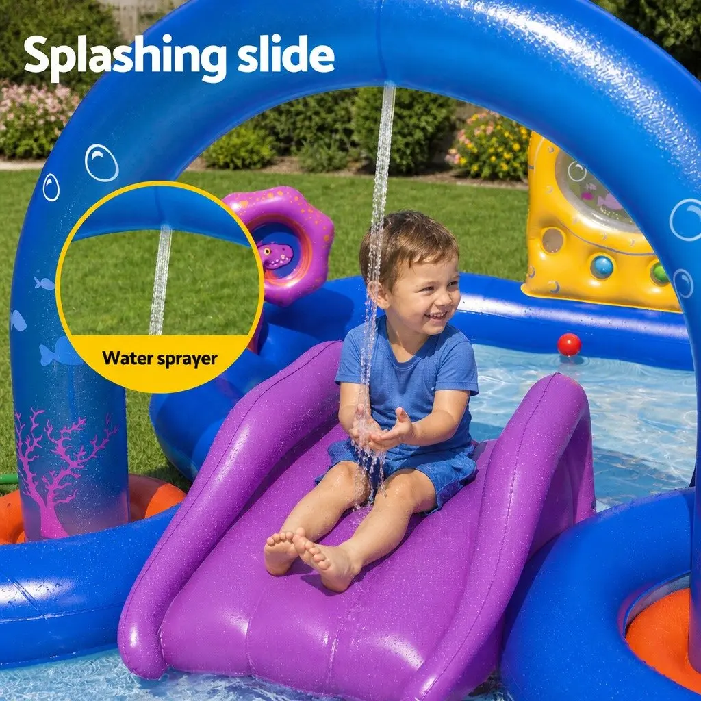 Kids Inflatable Play Splash Pool with Slide Ball Tossing Toys Coral Basket