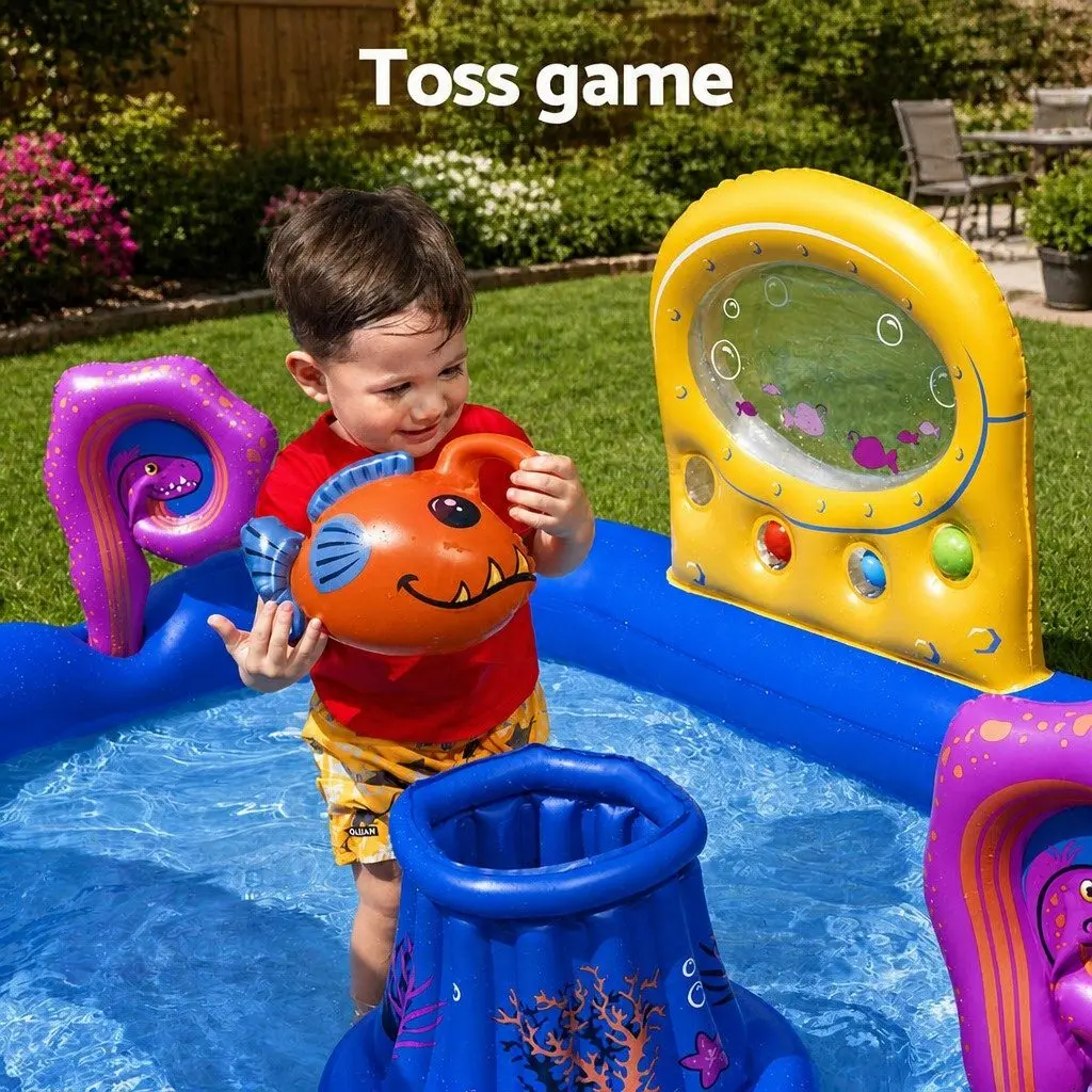 Kids Inflatable Play Splash Pool with Slide Ball Tossing Toys Coral Basket