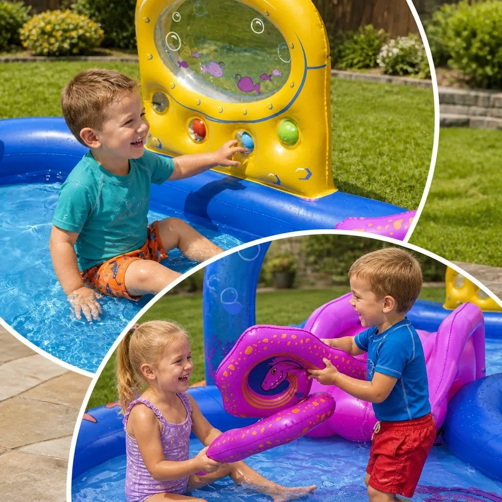 Kids Inflatable Play Splash Pool with Slide Ball Tossing Toys Coral Basket