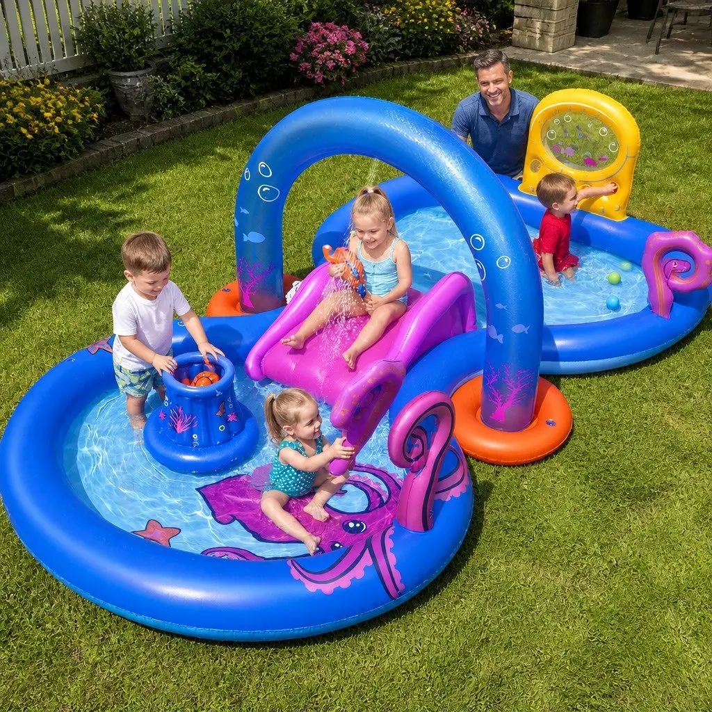 Kids Inflatable Play Splash Pool with Slide Ball Tossing Toys Coral Basket