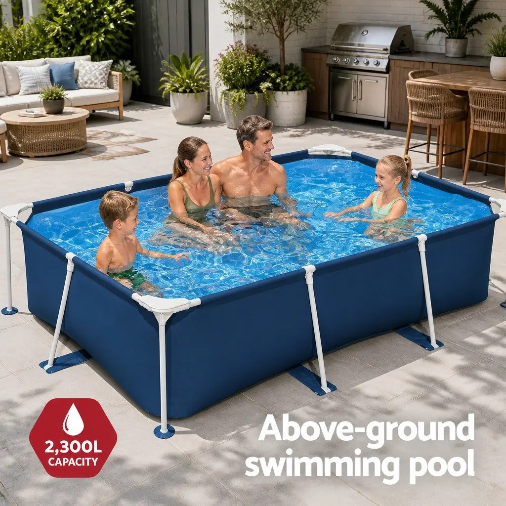 Above Ground Swimming Pool Steel Frame 259x170x61cm Blue Heavy-Duty PVC Polyester 2300L Capacity