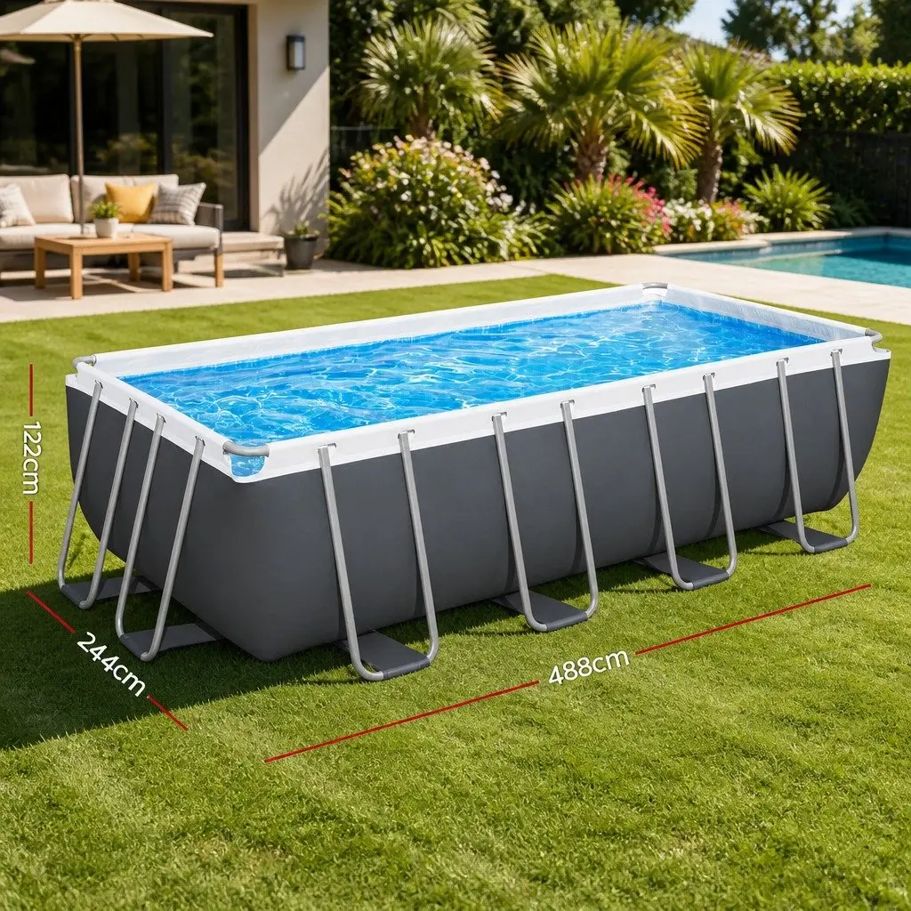 Above Ground Swimming Pool 488x244cm Steel Frame Filter Pump Ladder Cover Grey