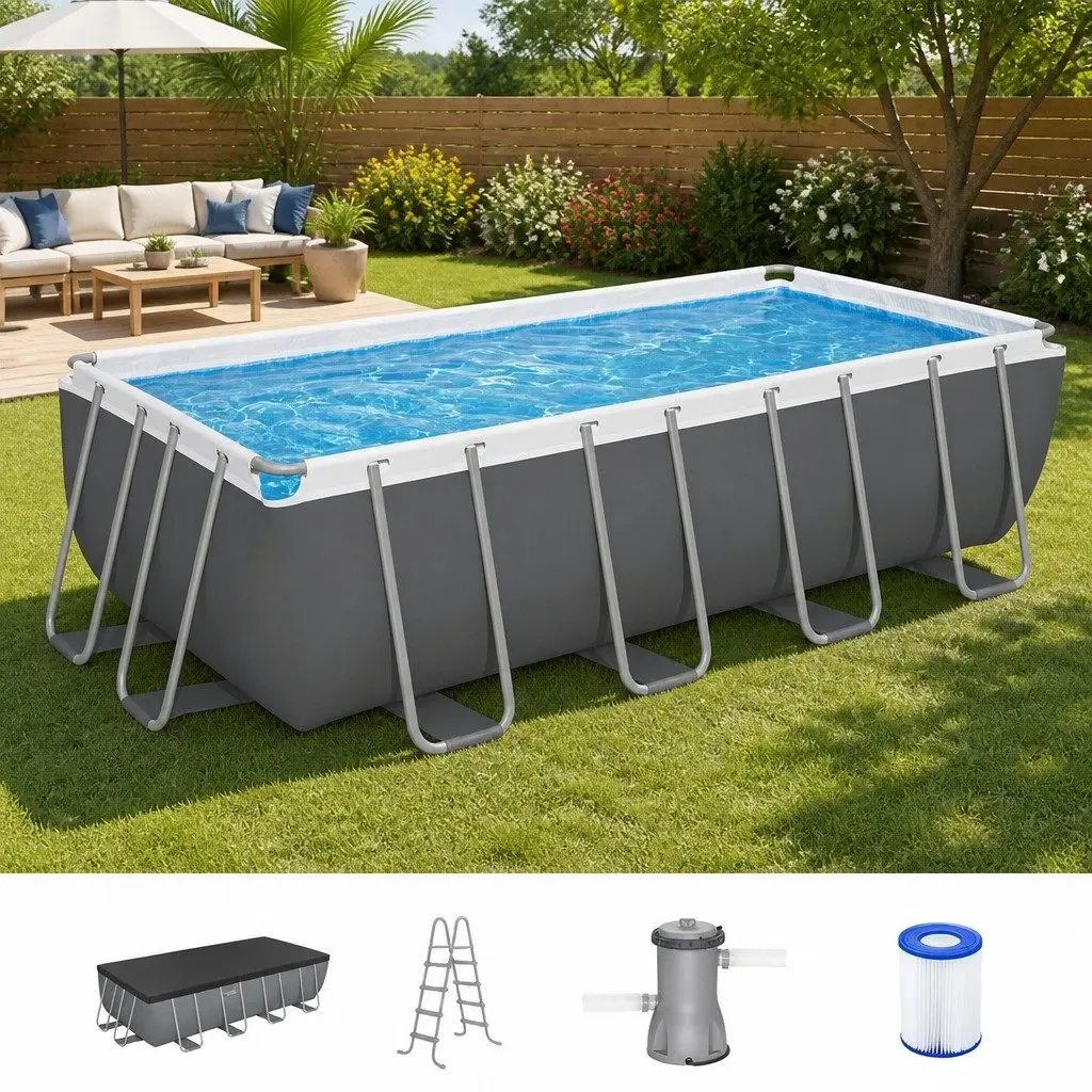 Above Ground Swimming Pool 488x244cm Steel Frame Filter Pump Ladder Cover Grey