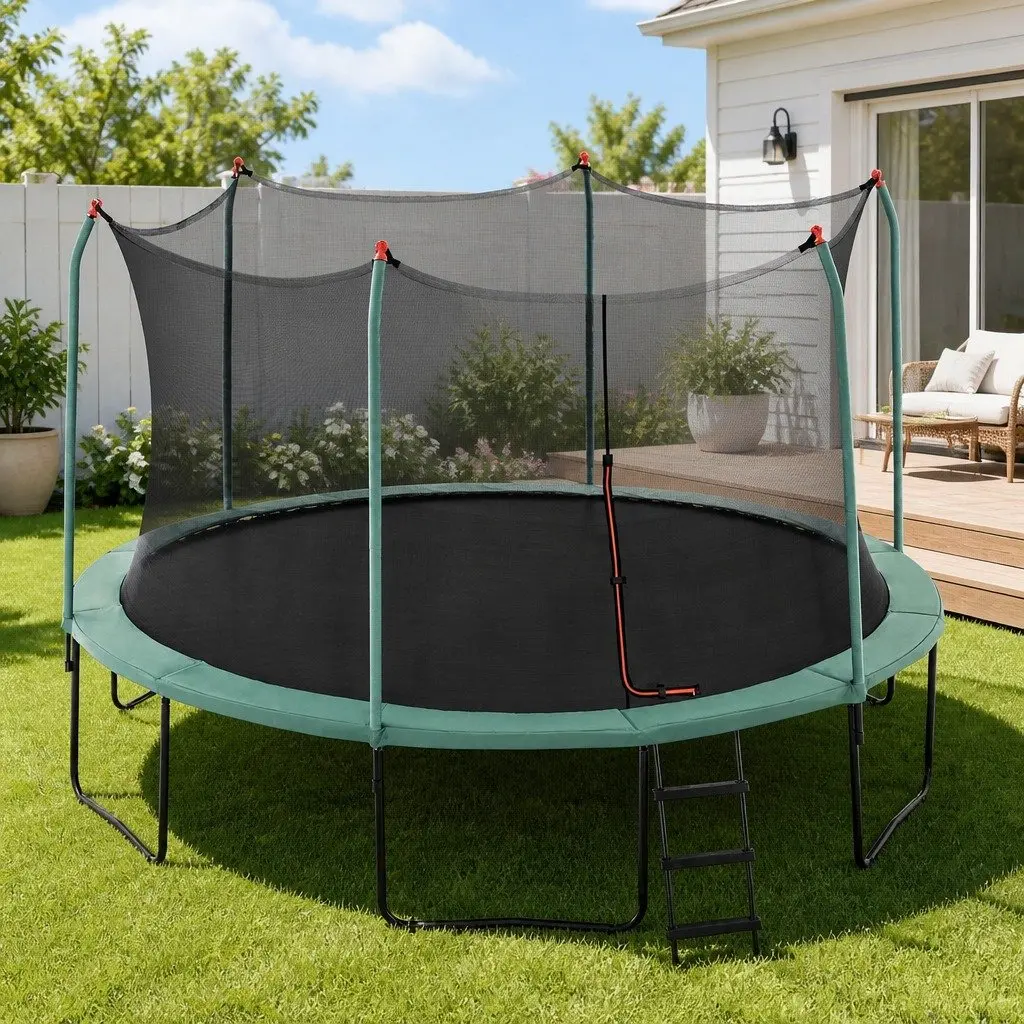 14ft Trampoline with Safety Net Enclosure Outdoor Jumping Mat Dark Green